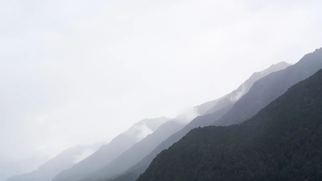 Forested ridgelines stepping down diagonally into white cloud